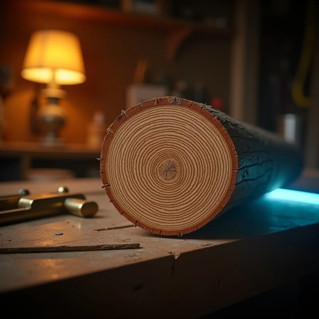 Macro of old-growth pine joist cross-section with brass calipers