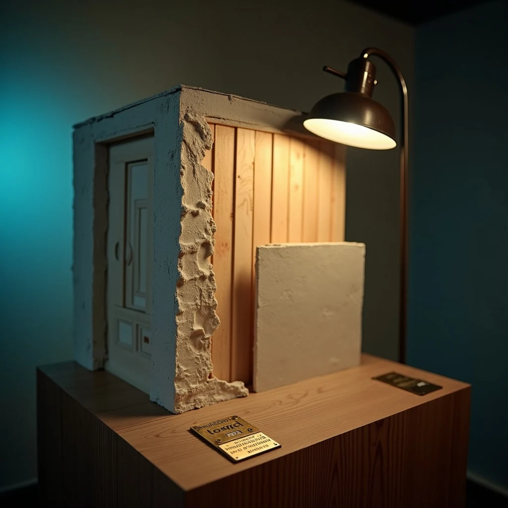 Cross-section of plaster-and-lath wall assembly beside a modern drywall sample