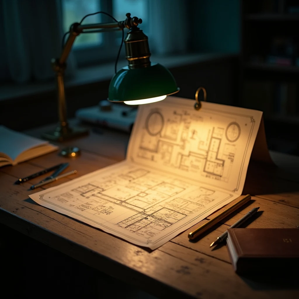 Vintage architectural blueprint on a draftsman's tilted table with brass instruments