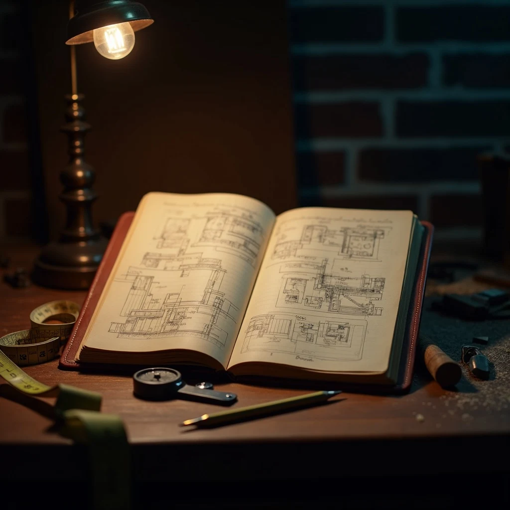Leather-bound field journal open on a mahogany workbench