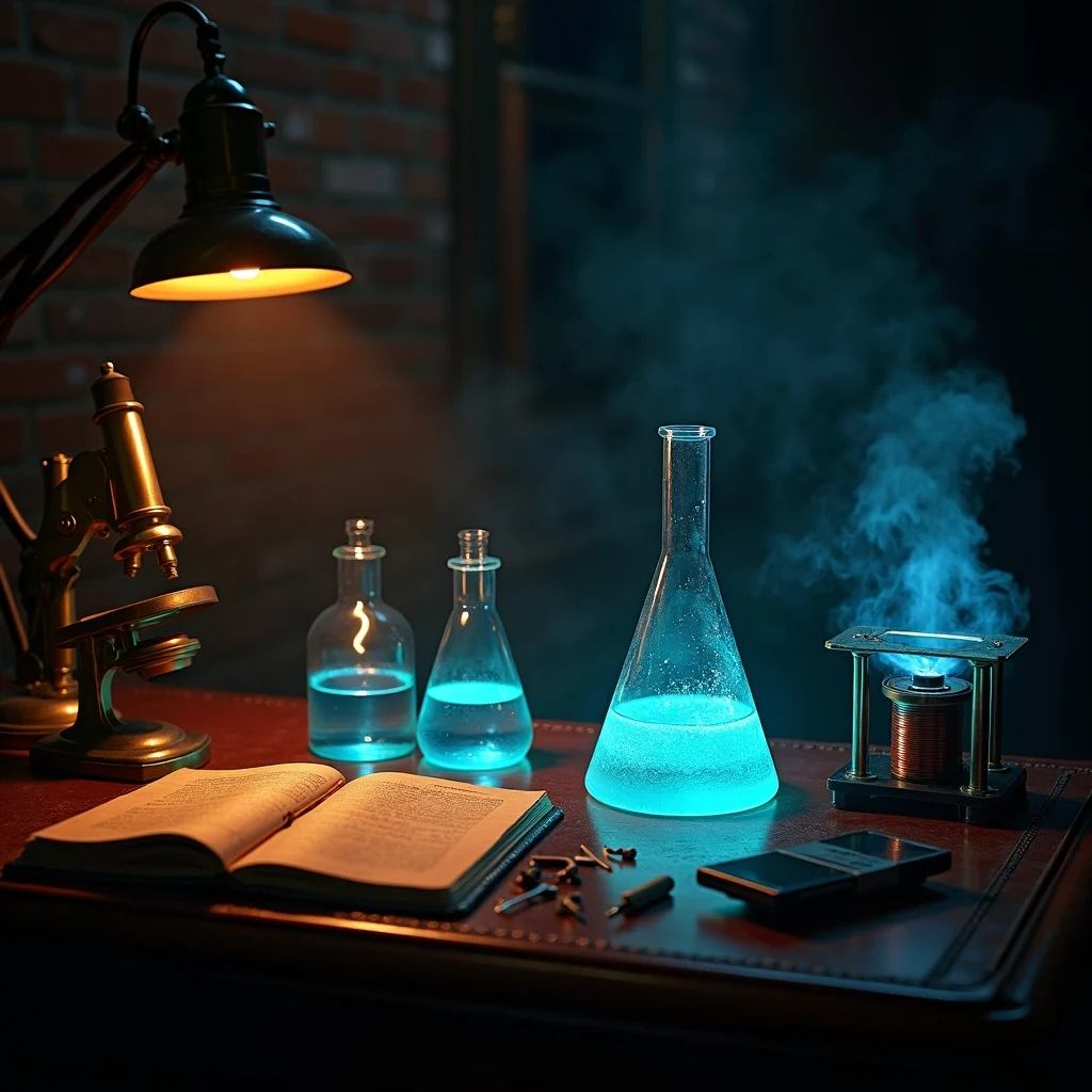 Vintage glass beakers and Tesla coil on a leather lab bench
