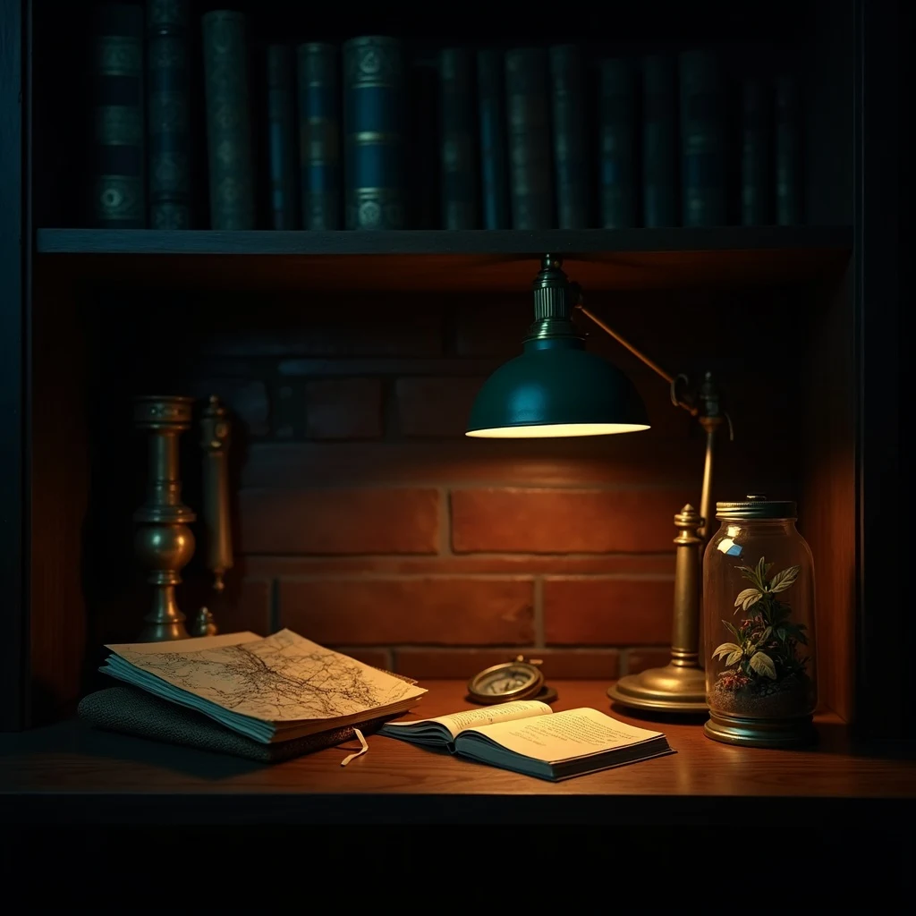 Moody Victorian library shelf with curious artifacts