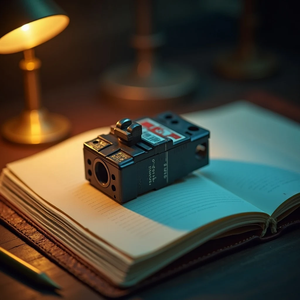 Macro of a single Stab-Lok circuit breaker on an open leather notebook
