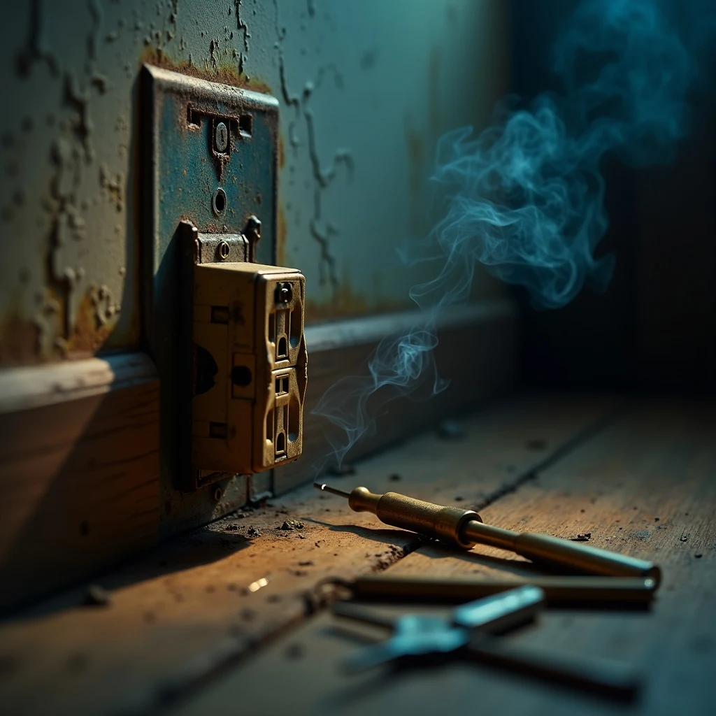 Oxidized aluminum branch-circuit connection at a receptacle with brass tools beside it