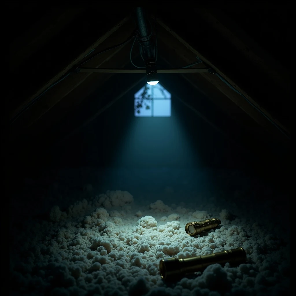 Exposed knob-and-tube wiring in a residential attic, draped in old cellulose, lit by a flashlight beam