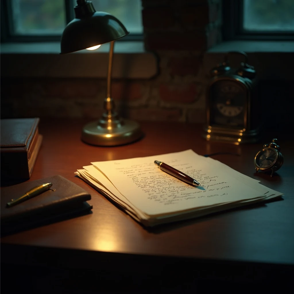Brass letter-opener resting on a stack of typed letters with a leather field journal