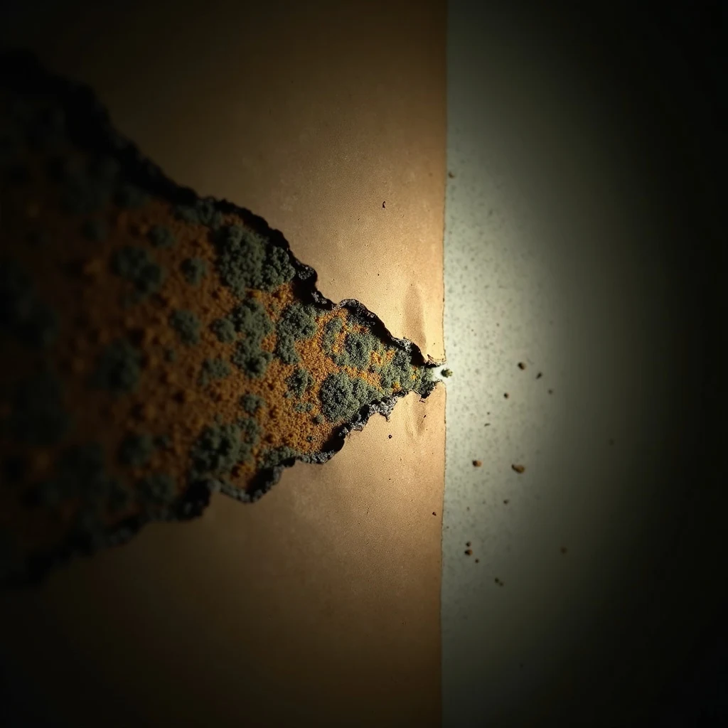 Macro of kraft-paper insulation backing with active mold colonies in the gap between batt and drywall