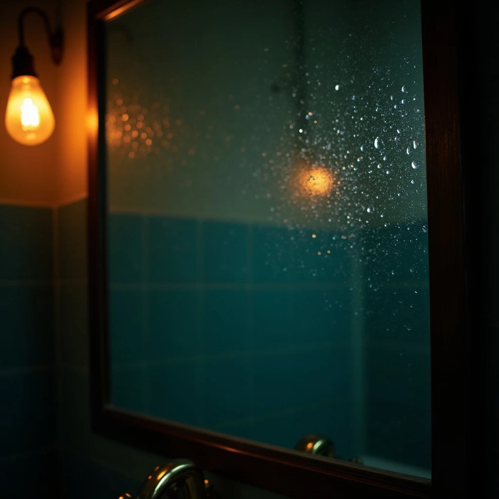 Bathroom mirror at night with visible water-droplet condensation beading on the surface