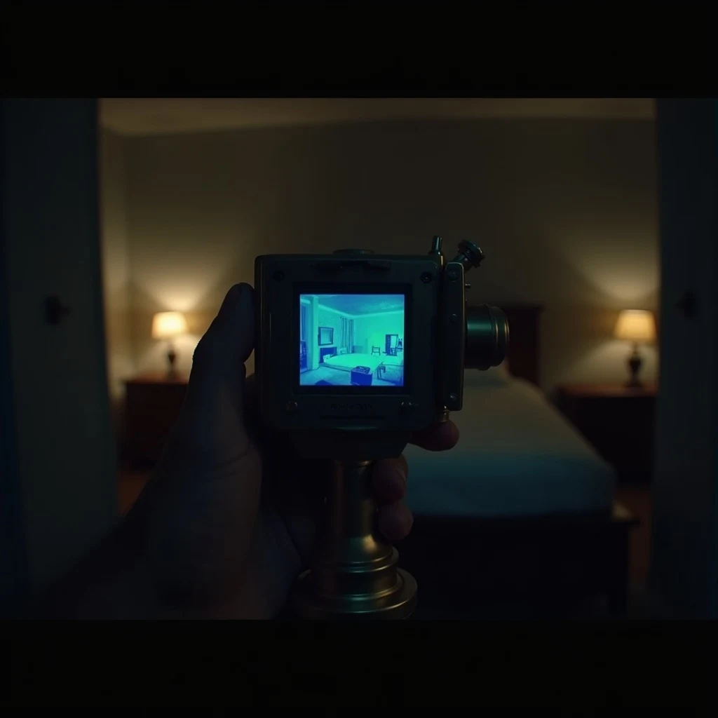 Vintage brass-bodied thermal-imaging viewfinder held up to a residential wall showing a cool-blue cold zone