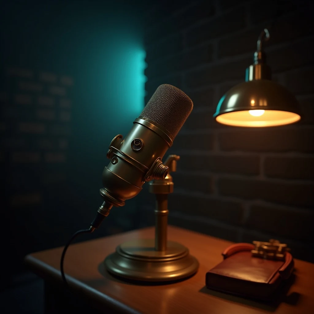 Vintage broadcast microphone on a brass boom over a leather desk with cyan plasma halo