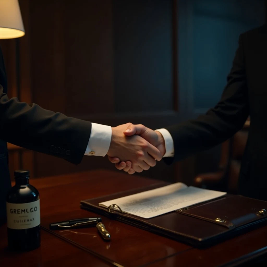 Handshake across a mahogany desk in a gentleman's library setting
