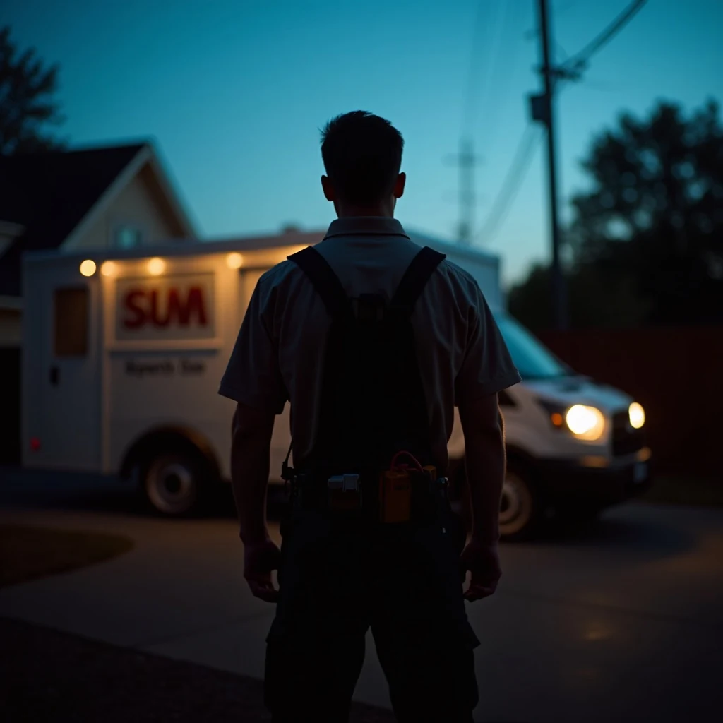 Backlit silhouette of a tradesperson on a residential job site at dusk
