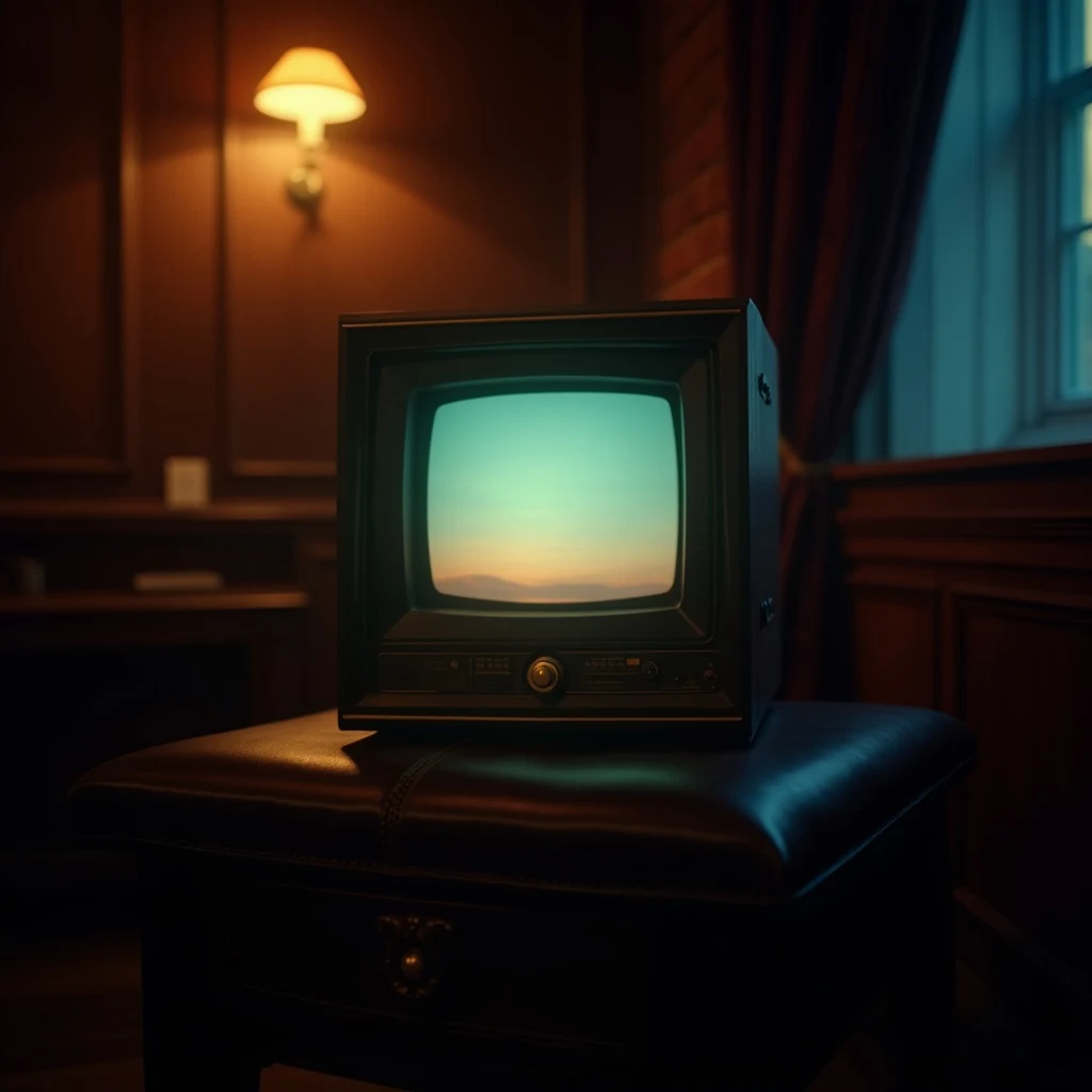 Vintage CRT broadcast monitor on a leather side table in a gentleman's library